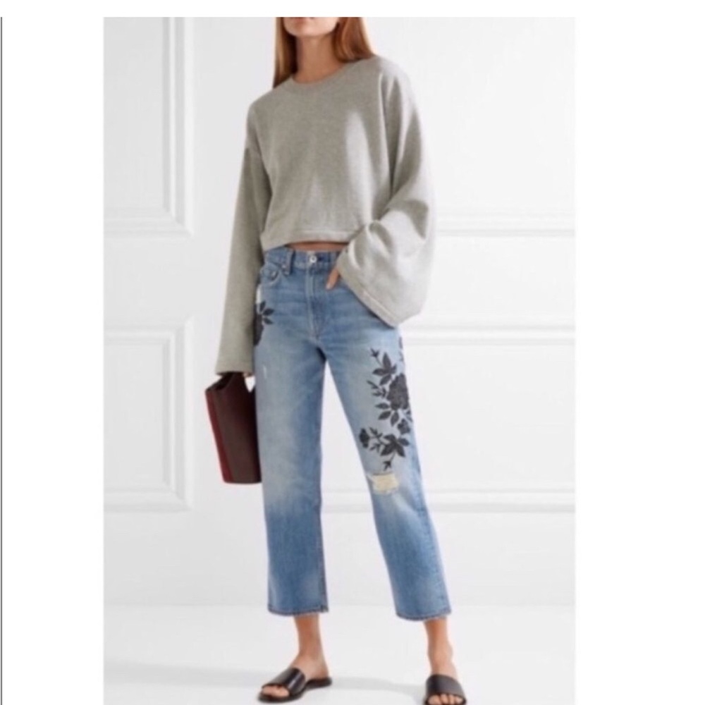 Rag & Bone Straight Leg Cropped Jeans with Floral Embroidery